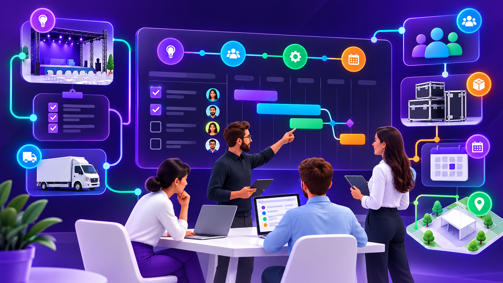 Equipo coordinando la planeación, los recursos y la producción de un evento