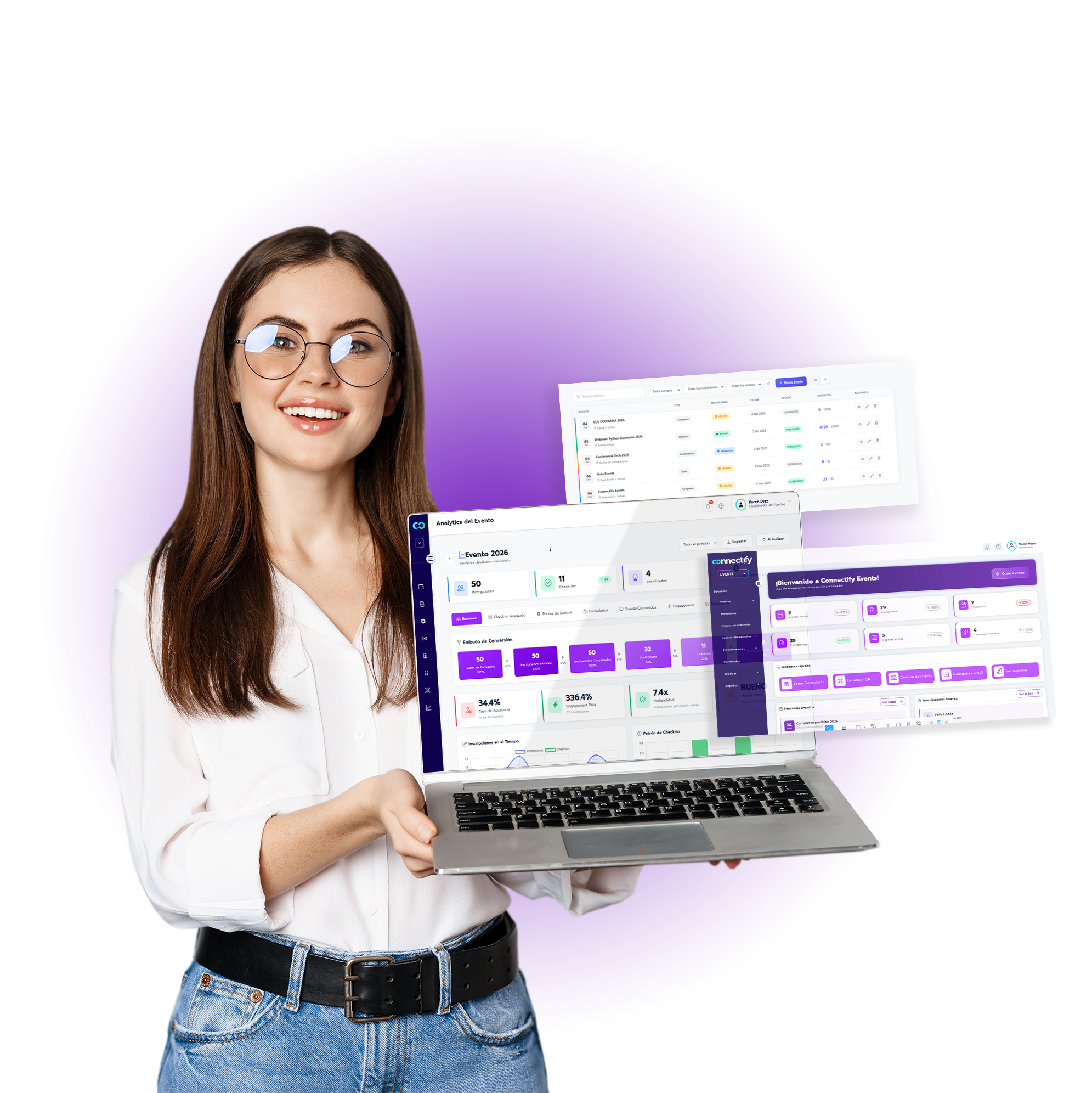 Mujer con un computador y pantallas de la plataforma Connectify