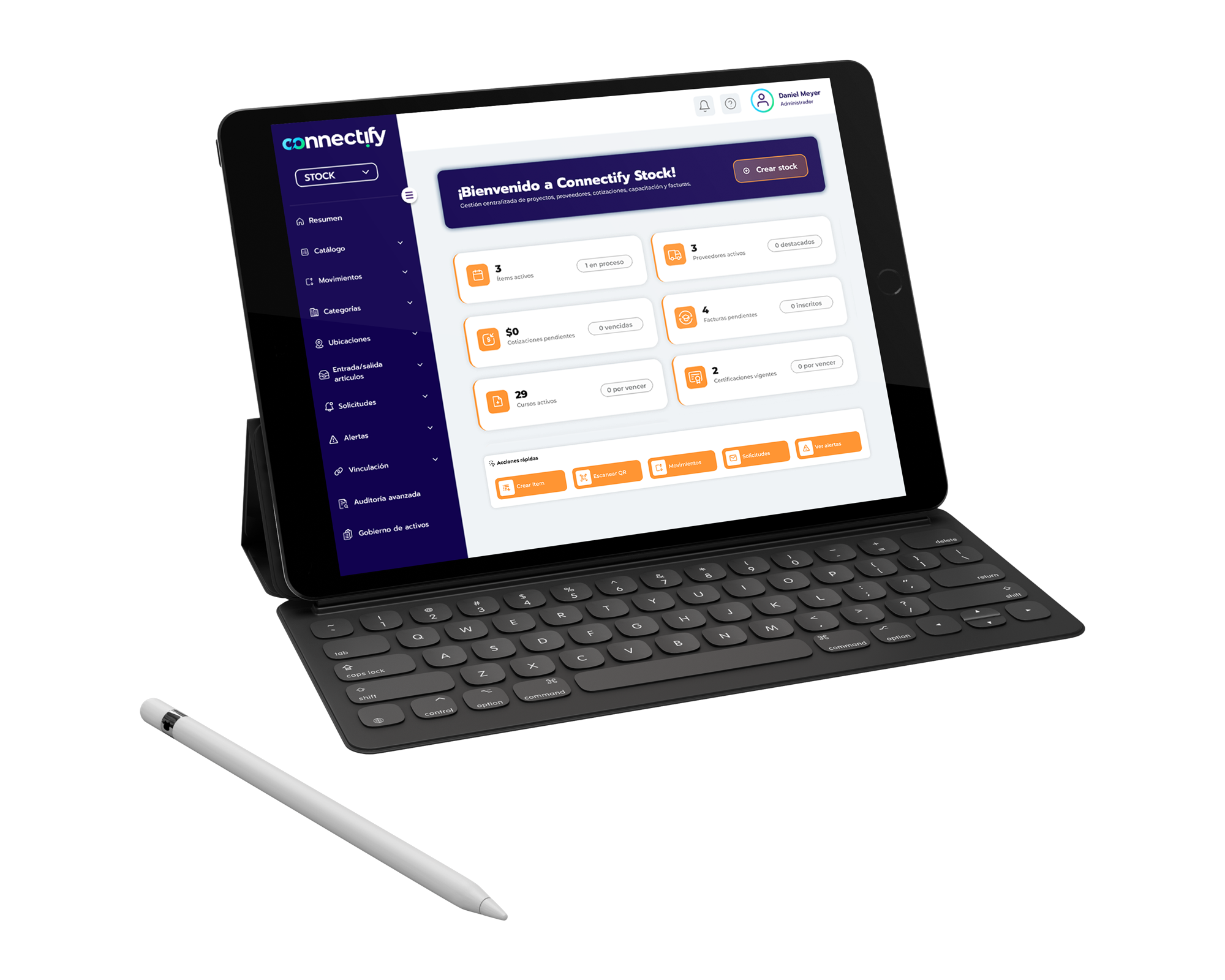 Mockup del inventario de Connectify Stock en una tablet